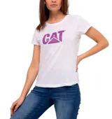 Remera de algodón azul marino con cuello redondo y logo de CAT estampado en el pecho en color lila y naranja.