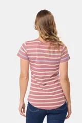 Remera de algodón a rayas horizontales azul marino y blancas, con cuello redondo y mangas cortas.