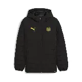 Campera acolchada Puma negra con capucha, cierre frontal y bolsillos laterales. Logo de Puma bordado en dorado en el pecho y escudo del Club Atlético Peñarol en el lado opuesto.