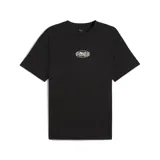 Remera negra de corte holgado con cuello redondo y logo Puma estampado en el pecho.