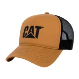 Gorro de camionero color amarillo con logo CAT negro estampado en el frente y paneles traseros de malla negra.