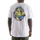 Remera blanca de manga corta con estampado en la espalda de una pirámide con un ojo, manos y un ovni.