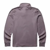 Buzo gris de poliéster reciclado y spandex, con cuello alto y cierre de cremallera hasta el pecho. Tiene mangas largas con orificios para los pulgares y logo de la marca en el pecho.