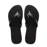 Ojotas Havaianas Elegance negras con tiras finas y logo metálico.