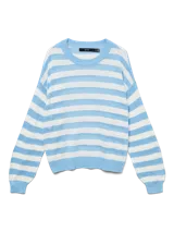 Sweater de punto a rayas horizontales celestes y blancas, con cuello redondo y calce estándar. Confeccionado en mezcla de viscosa LENZING™ ECOVERO™, acrílico y algodón.