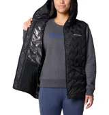 Chaleco negro con capucha, marca Columbia, modelo Delta Ridge II. Cuenta con forro termorreflectivo Omni-Heat™, tecnología HeatSeal™ y tejido resistente al agua Omni-Shield™.