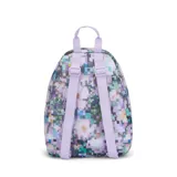 Mochila Jansport modelo Half Pint con estampado floral pixelado en tonos violeta, lila, celeste y blanco.
