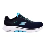 Championes deportivos Skechers Go Walk 7 Cosmic Waves, color negro con detalles en celeste y blanco. Capellada de malla con cordones elásticos, plantilla Air-Cooled Goga Mat, amortiguación Ultra Go y tecnología Hyper Pillar.