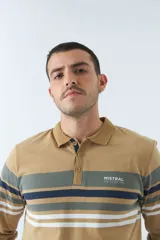 Remera cuello polo de manga larga color beige con rayas horizontales en verde, azul y blanco.