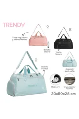 Bolso deportivo tipo duffel bag color negro, con asas de mano y correa ajustable para hombro. Presenta el texto "TRENDY" estampado en el frente y herrajes metálicos.