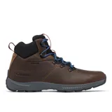 Bota de senderismo de cuero marrón con cuello acolchado negro, cordones azules y suela gris.