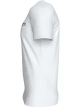 Remera blanca de algodón con cuello redondo y mangas cortas. Estampado frontal con el logo "Calvin Klein Jeans" en color negro.