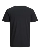 Camiseta negra de manga corta con cuello dividido y cierre de dos botones.
