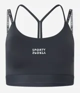 Top deportivo gris oscuro con breteles finos con lettering y estampa frontal con la palabra "Sporty".