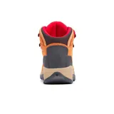 Bota de senderismo para mujer con diseño en gris y detalles en rosa, resistente al agua, con mediasuela de espuma EVA y suela de caucho antideslizante.