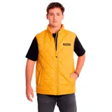 Chaleco acolchado azul marino con cierre frontal, cuello alto y logo de Caterpillar bordado en amarillo en el pecho.