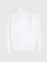 Buzo blanco de felpa de algodón con cuello redondo, puños y bajo acanalados. Estampado vertical con el logo de Calvin Klein Jeans en celeste en el lateral.