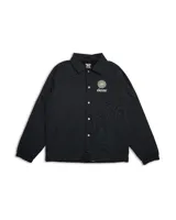 Campera negra tipo coach con cierre de botones a presión, cuello clásico, puños elásticos y cordón ajustable en la cintura. Presenta un logo estampado en el pecho y un diseño en la espalda.
