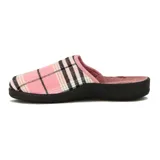 Pantuflas de tela a cuadros en tonos rosas con suela antideslizante.