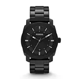 Reloj Fossil negro con caja redonda y correa de eslabones de acero inoxidable.