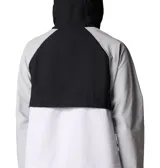Campera cortaviento Columbia Spire Valley Wind para mujer, con capucha y cierre frontal completo. Diseño color block en gris, blanco y negro, con logo de la marca bordado en el pecho.