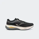 Championes de running Joma modelo Hispalis 2341, para hombre. Diseño en negro y gris oscuro con detalles en beige y dorado. Presentan corte de malla transpirable con refuerzos sintéticos y mediasuela gruesa con tecnología de amortiguación FULL DUAL PULSOR y gel en el talón.