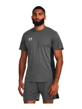Remera deportiva gris con paneles laterales negros y logo de Under Armour estampado en blanco en el pecho.