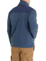 Campera polar RKF modelo Dover, de poliéster reciclado, color azul con canesú de tela canvas de algodón. Tiene cuello alto, cierre completo, dos bolsillos frontales con cierre y forro de jersey.