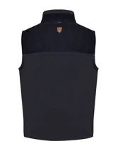 Chaleco beige con diseño de mitad sherpa y mitad cotelé, cuello alto y cierre frontal con cremallera. Incluye tres bolsillos con cremallera y un bolsillo con botón.