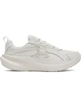 Zapatillas deportivas Under Armour modelo Assert 11 para mujer, color blanco hueso, con logo UA en el lateral. Presentan una suela gruesa con tecnología Charged+® y una combinación de malla transpirable y revestimientos de cuero sintético.