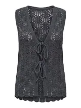 Chaleco de punto calado color gris oscuro, con escote en V y cierre frontal con lazos. Diseño estructurado y calce ajustado.