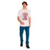 Remera azul petróleo de manga corta con estampa frontal con el logo de Caterpillar y texto en color naranja y blanco.