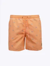Short de baño color naranja con estampado de calaveras grises, cintura elástica con cordón ajustable.