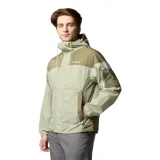 Campera cortaviento Columbia Challenger II para hombre, color verde claro con detalles en verde oliva. Cuenta con capucha ajustable con cordón, cierre frontal, bolsillos laterales con cierre, bolsillo en la manga con cierre y puños elásticos.