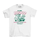 Remera blanca de algodón con estampa del logo de El Oso Bucco, un restaurante de cocina tradicional.