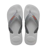 Ojotas Havaianas Top Max Comfort, de goma color gris claro, con tira de dedo gris oscuro con el logo de la marca en naranja.