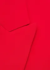 Traje sastrero rojo compuesto por blazer de corte recto con solapas de muesca y cierre de doble botón, chaleco con escote en V y pantalón de vestir de corte recto.