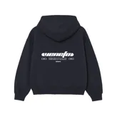Buzo hoodie negro con capucha y cordones ajustables. Estampado en la espalda con el logo de la marca y texto en blanco.