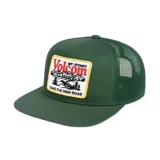 Gorro trucker Volcom color verde con parche bordado en el frente con el logo de la marca y la leyenda "Take the high road".