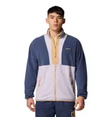 Chaqueta de forro polar Columbia Backbowl II Light FZ, color azul, blanco y beige, con cierre frontal, cuello alto, bolsillos laterales con cremallera y logo bordado en el pecho.