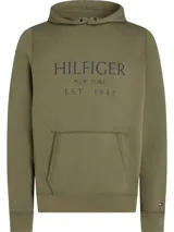 Buzo verde militar de Tommy Hilfiger con capucha ajustable con cordones y bolsillo tipo canguro. Estampado frontal con el logo de la marca y la inscripción 'New York Est. 1985'.