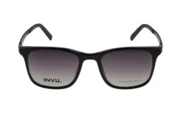 Anteojos de acetato negros con lentes transparentes y clip-on de sol polarizado gris.