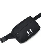 Riñonera Under Armour negra con logo blanco estampado. Tiene correa ajustable con hebilla y bolsillo frontal con cierre.