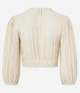 Blusa corta de encaje guipir de algodón con escote en V, botones frontales y manga larga abullonada con puño elástico.