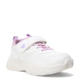 Zapatillas deportivas blancas con detalles en lila, ajuste con cordones elásticos y tira de velcro con un corazón.