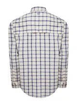 Camisa de hombre RKF modelo Atacama, de manga larga, corte regular y diseño a cuadros en tonos beige y azul. Cuenta con dos bolsillos frontales con botón, tapeta, canesú con ventilación y ojales en las axilas. Confeccionada en tejido ultraligero con tecnología 'Natural Flex' y protección UV 20+.