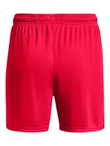 Short deportivo Under Armour Golazo 3.0 para mujer, color rojo con logo blanco en la pierna izquierda.