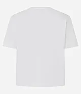 Remera de algodón color blanco, de cuello redondo y manga corta. Presenta aplicaciones de lazos en hotfix plateados distribuidos en el frente.