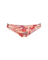 Calzón de bikini reversible con estampado floral en tonos rojos, violetas y beige.