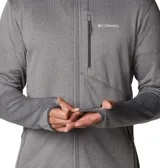 Campera polar Columbia Park View Fleece, color azul jaspeado, con cierre frontal completo, cuello alto, bolsillos laterales con cierre y bolsillo en el pecho con cierre vertical en color verde lima. Cuenta con tecnología Omni-Wick, puños elásticos con orificios para pulgares y protector de barbilla.